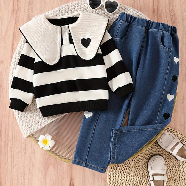 TEMU Mädchen-Langarm-Top mit Streifen besticktem Herz für Frühling/Herbst + modische Freizeit-Jeans aus Denim, 2-teiliges Set, Baby-Oberbekleidung, für draußen