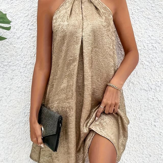 TEMU Vestido túnica elegante sin , con cuello redondo, tipo A, de color sólido, de poliéster, tejido, 100g/m², para mujeres, , verano, y todas .