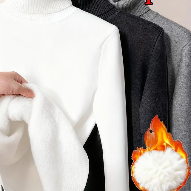 TEMU 3pcs Autumn/winter Men's -lined Knit Sweater Base Layer, Fashionable High-neck Solid Color Long-sleeve Sweater, 3pcs Set