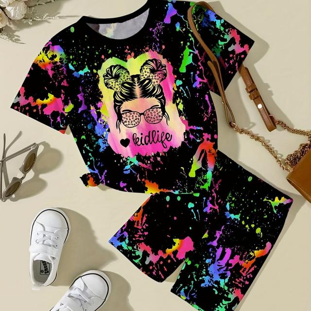 TEMU Girls' Casual Summer Outfit Set - Cartoon Print Short Sleeve Tee & Color-block Shorts, Machine Washable, Outdoor