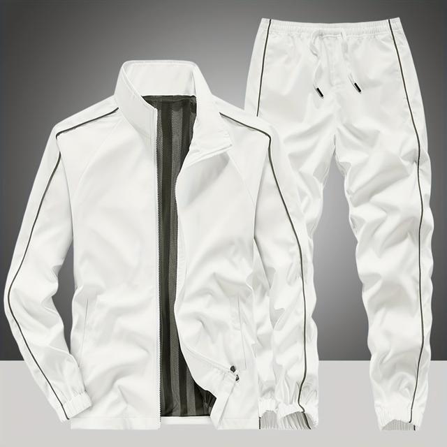 TEMU 남성용 스타일리시 스포츠 수트 (봄/가을용), 스탠드업 칼라 지퍼 재킷 및 테이퍼드 팬츠 특징. 도시 트렌디한 러닝 복장으로 완벽하며 골프, 낚시, 사냥, 축제에 적합.