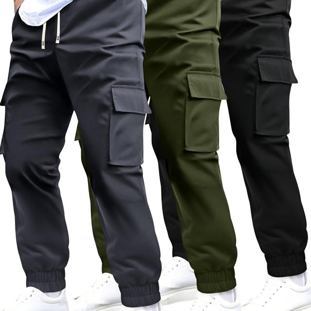 TEMU Set Of 3 Men's Cargo Pants For Autumn And Spring, Featuring Multiple Pockets, Solid Color, Elastic Waistband, Drawstring, Suitable For Casual Sports And Jogging