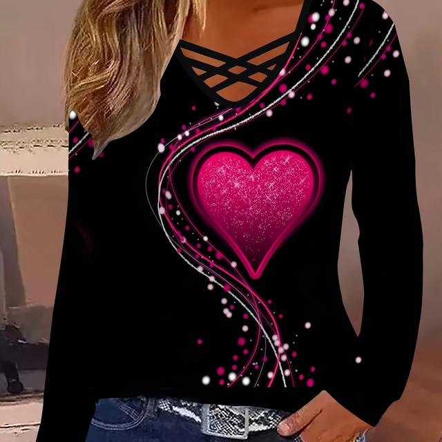 TEMU Camiseta de manga larga con estampado de corazones para mujer, tejido de poliéster, 170g/m², estiramiento medio, para mujeres