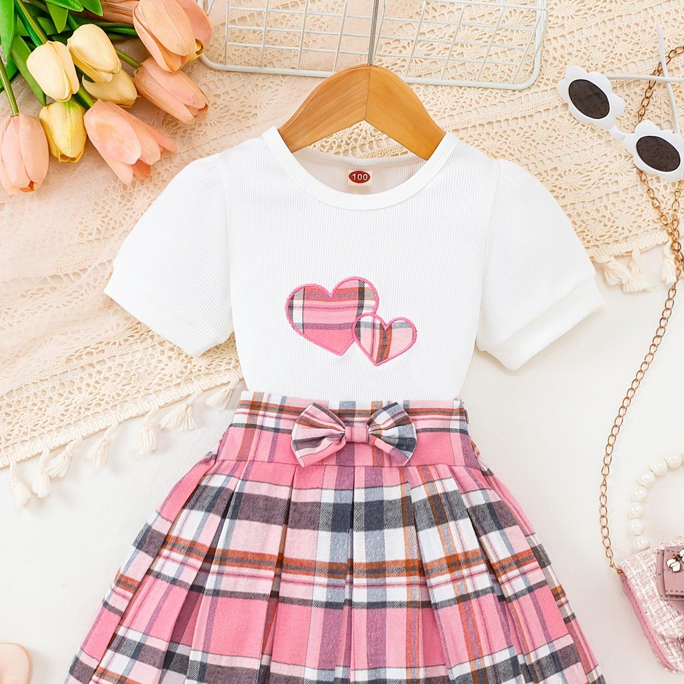 TEMU Sommer-Outfit für Mädchen zur Schule: Herz-Top + Karo-Rock, geeignet für Mädchen von 1-8 Jahren. für Partys Strandausflüge