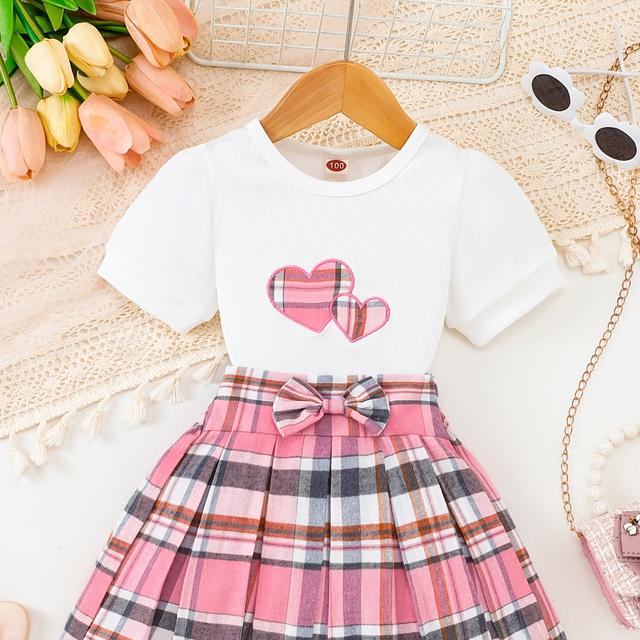 TEMU Sommer-Outfit für Mädchen zur Schule: Herz-Top + Karo-Rock, geeignet für Mädchen von 1-8 Jahren. für Partys Strandausflüge