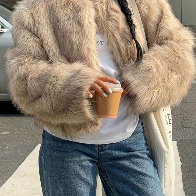 TEMU Women' Color Long Sleeve Elegant Fur Jacket, For Autumn And Winter, Stylish And Warm Fur Cardigan.