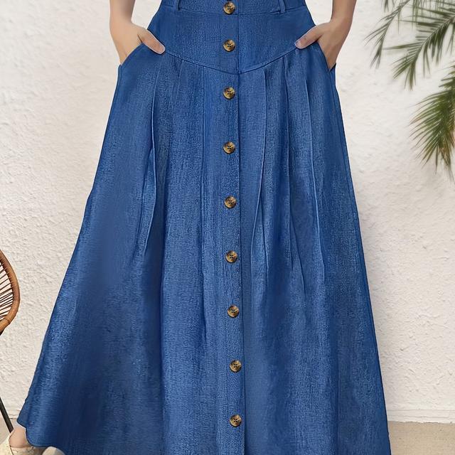 TEMU Plus Size, Popular Extended New Style -size Women's Plain Weave Half-elastic Waistband With And Decorative Button, Elegant Style A-line Skirt