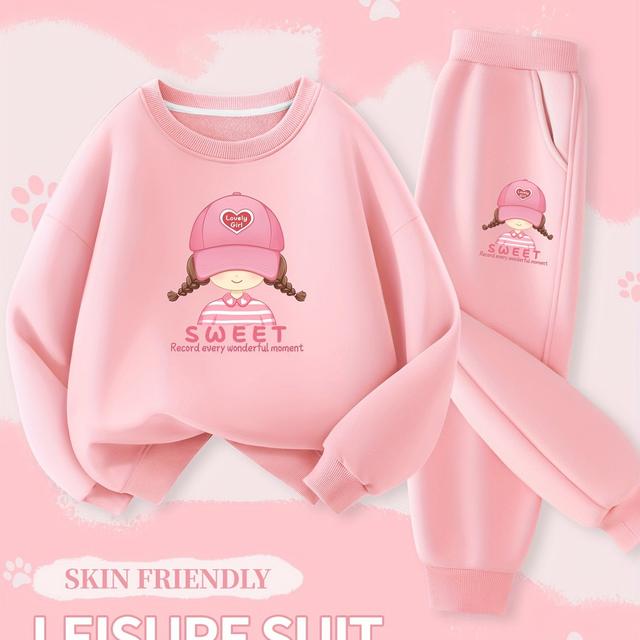TEMU 2 قطعة مجموعة سويشيرت وبنطلون للبنات، لون وردي، طباعة فتاة كرتونية، أنيق وجذاب، مناسب للأنشطة الخارجية في والخريف، خيار مثالي لموسم ، مثالي للاستخدام الخارجي