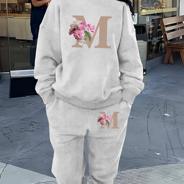 TEMU Letter Print 2 Piece Set, Crew Neck Sweatshirt & Pants, Women's Clothing