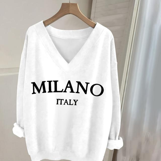 TEMU Casual V-neck Long-sleeve Sweatshirt With Italian Letter Print, Long-sleeve Sweater, Long-sleeve Blouse, Fashion Women's Blouse
