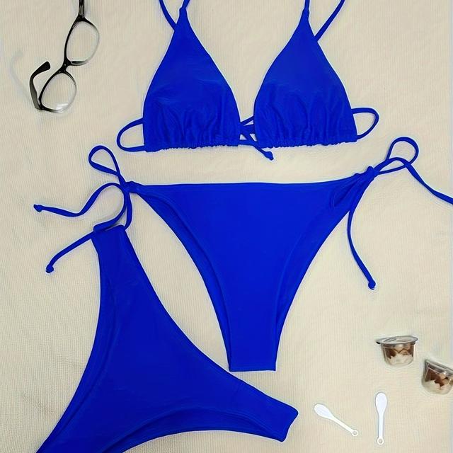 TEMU Dreiteiliges Bikini-Set in einfarbiger Optik, V-Ausschnitt mit offenem Rücken und verschiedenen hochgeschnittenen Unterteilen, Badebekleidung für Frauen mit Dreieck-Oberteil
