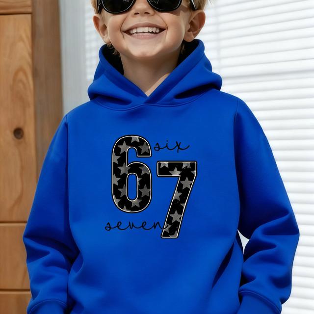 TEMU Boys' Royal Blue Hoodie With 67 Number & Name Print (six/) - Soft Warm Age 6-7 Year Outfit, Casual Winter Wear, Party Clothes, Machine Washable ' Sweatshirt