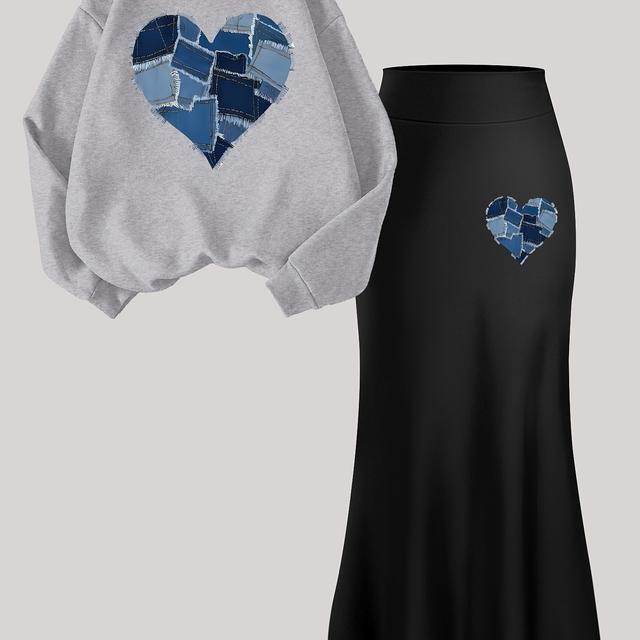 TEMU ชุดกระโปรงผู้หญิง 2 ชิ้น: เสื้อคอกลมแขนยาวพิมพ์ตัวอักษร "E" และกระโปรงเอวสูงยาวปานกลาง, เสื้อสเวตเชิ้ตลำลองเหมาะสำหรับออกงานหรือใส่ทำงาน - C5+Q6