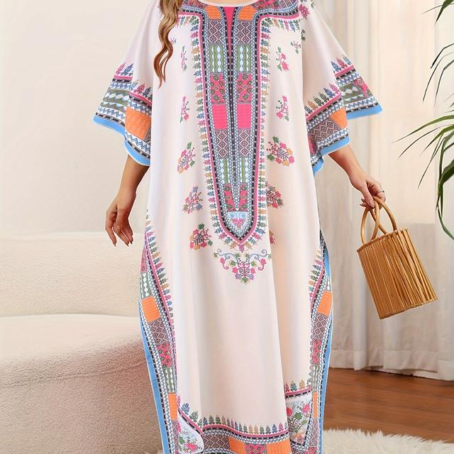 TEMU Robe Kaftan Maxi à Motif Géométrique Grande Taille, Robe Élégante à Col Rond et Manches 3/4, Vêtements Grande Taille pour Femme