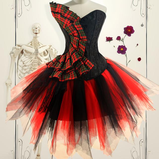 TEMU Dunkel Schwarz Traditionelle Klassische Korsett mit Schwarz und Rot gemischte TUTUTU Gaze Rocken Set