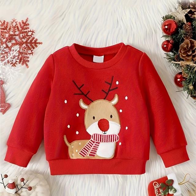 TEMU Süßer Cartoon-Weihnachtshirsch bestickt Fleece-Sweatshirt für Jungen, Kinderkleidung für Herbst und Winter