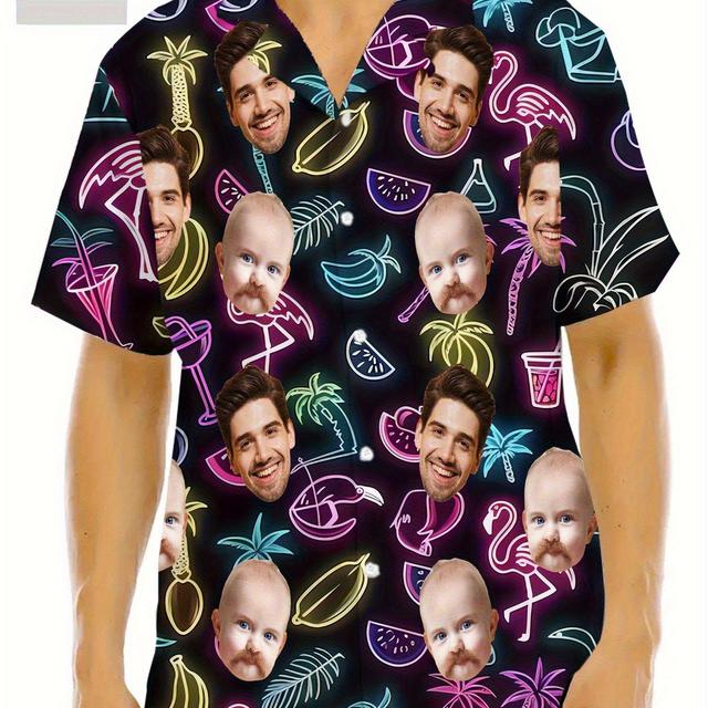 TEMU Customized Photo Hawaiian Shirt - Personalized Face Print, , Button Short Sleeve, Loose Fit, Suitable For Graduation Gifts, Vacations And Music Festival