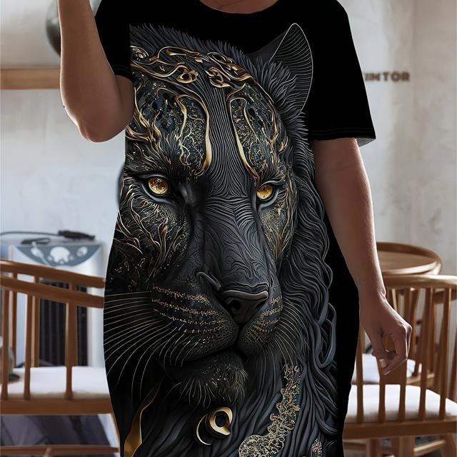 TEMU Plus Size, Women's Size Summer Dress With 3d Tiger Print - Short Sleeve Round Neck Waist-fitting Dress Suitable For Outdoor Wear, Casual Vacation Dress