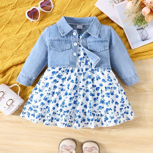 TEMU Conjunto Casual de Moda para Niñas con Chaqueta Vaquera y Vestido de con Estampado Floral, 2 piezas, para Exteriores