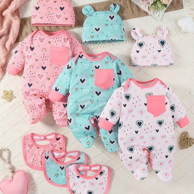 TEMU 9pcs Newborn & Long Sleeve Romper Set With Heart & Striped Patterns, Soft Knit Jumpsuits With Pockets & Bunny Hat, Outfits For &, For Outdoor
