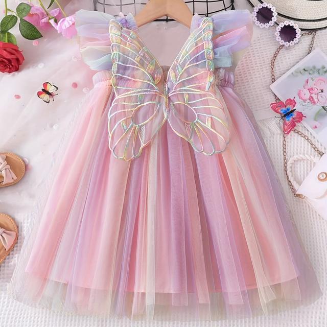 TEMU Rainbow Mesh Girls' Birthday Party Princess Dress With Cute Wings