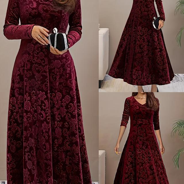 TEMU Plus Size, Dombornyomott Bársonyos Anyagú Hosszú Ujjú Női Ruha