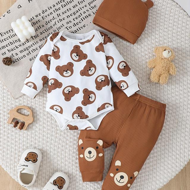 TEMU 's Unisex Cute Trendy Cool Cartoon Bear Print Long Sleeve Romper Top & Solid Color Bear Print Pants & Solid Color Adorable Bear Hat 3pcs Set Comfortable Outfit, Outdoor