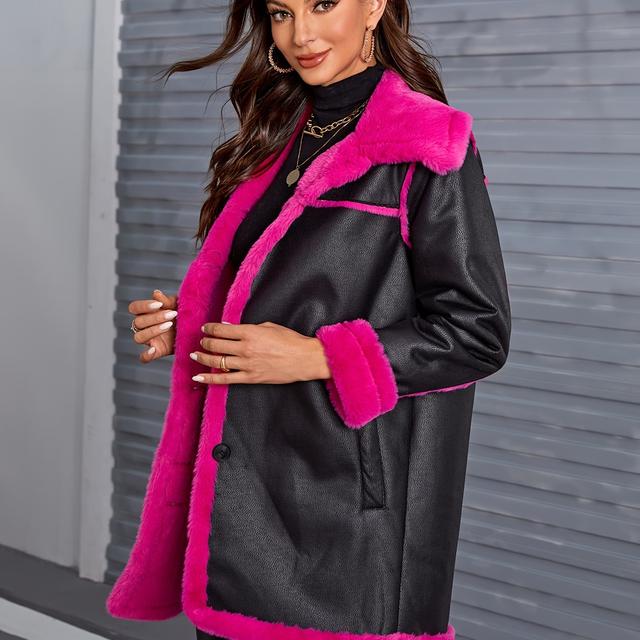 TEMU Women's Mid-length Plush Jacket - Contrast Casual Winter Coat With Pockets, Machine Washable H-silhouette Outerwear For Everyday , Ladies Winter Coats, Cold Weather Apparel, Durable Winter Wear