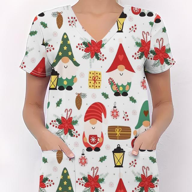 TEMU Uniforme de Enfermera Navideño para Mujer - Scrubs de Impresión Completa con Cuello en V y Manga Corta, Bolsillos - y para Profesionales de (Temática Festiva)