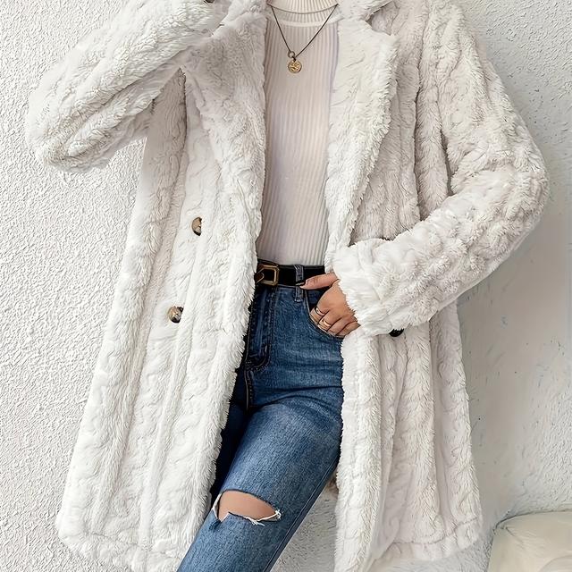 TEMU Double Breasted Lapel Teddy Coat, Long Sleeve Textured Thermal Winter Outerwear, Women's Clothing
