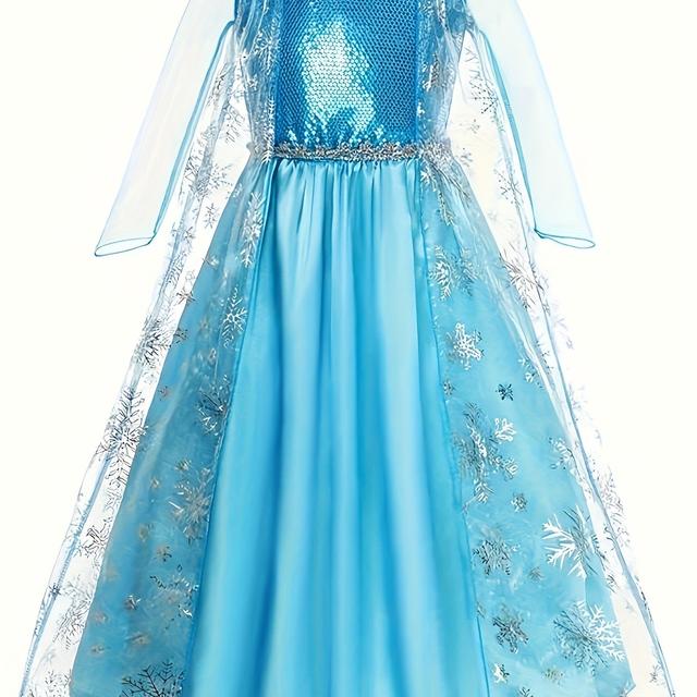 TEMU Bezauberndes Blaues Pailletten-Prinzessinnenkleid für Mädchen - Langarm, Netz-Tüll-Partykleid mit Funkelnden Details