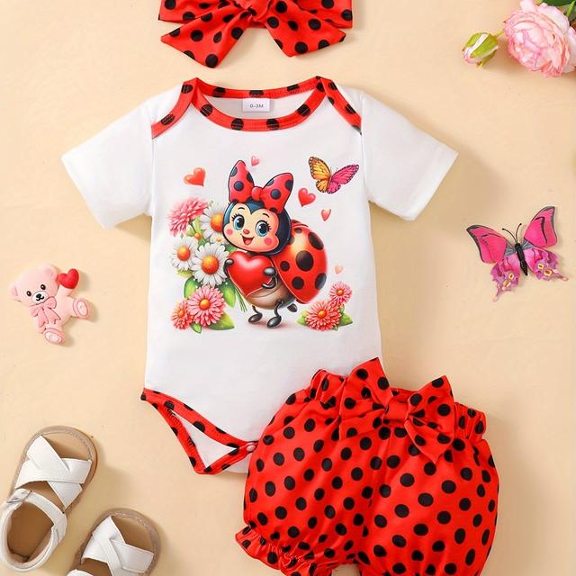 TEMU 2-teiliges Set Baby-Mädchenkleidung, Cartoon, Marienkäfer-Print, Body & Bloomers mit Punkten, Sommerkleidung für Kleinkinder und Babys, Outdoor-Kleidung