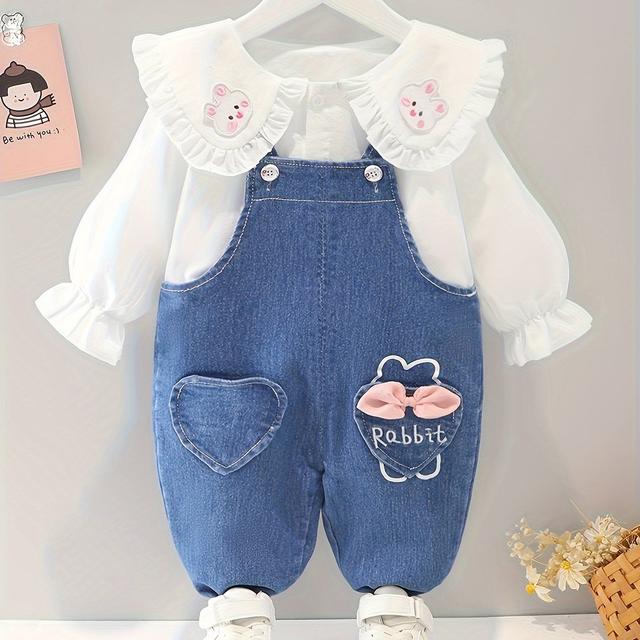 TEMU Spring ' Rabbit Overalls Two-piece Spring And Autumn New Baby Casual Jeans Suit, For Outdoor