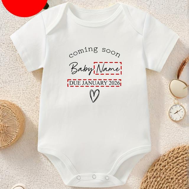 TEMU Custom Clothing For Baby Boys And Girls With ' Baby' And Customization + Heart Print Round Neck Short Sleeve T-shirt And Baby Triangle Bodysuit, A Surprise Gift For The , For Outdoor