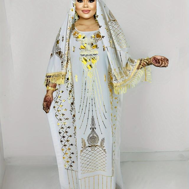 TEMU Plus Size Floral Pattern Maxi Kaftan Dress, Elegant Crew Neck Batwing Sleeve Dress, Women's Plus Size Clothing