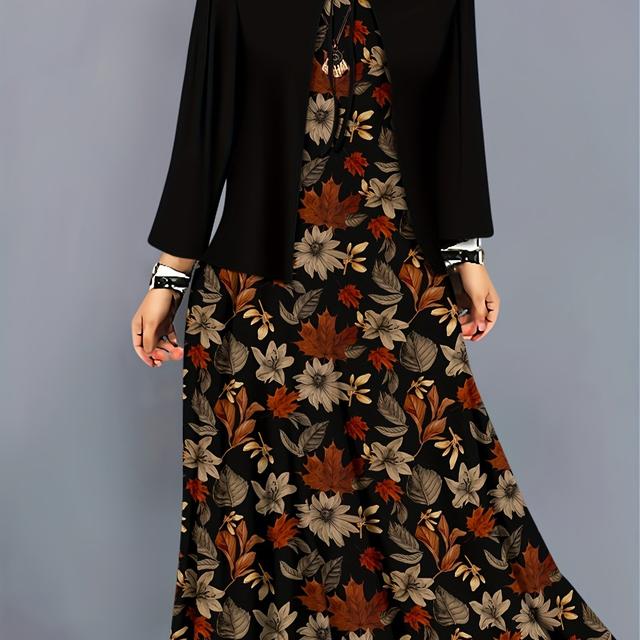 TEMU Autumn And Women's Set Black Tie Long Sleeve Cardigan Coat With Floral Print Dress 2pcs, Casual Elegant Outfit, Perfect For Outdoor