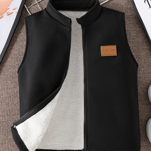 TEMU Boys' Outdoor Casual Versatile Sleeveless Stand Collar -lined Vest Jacket, Autumn/winter Clothing