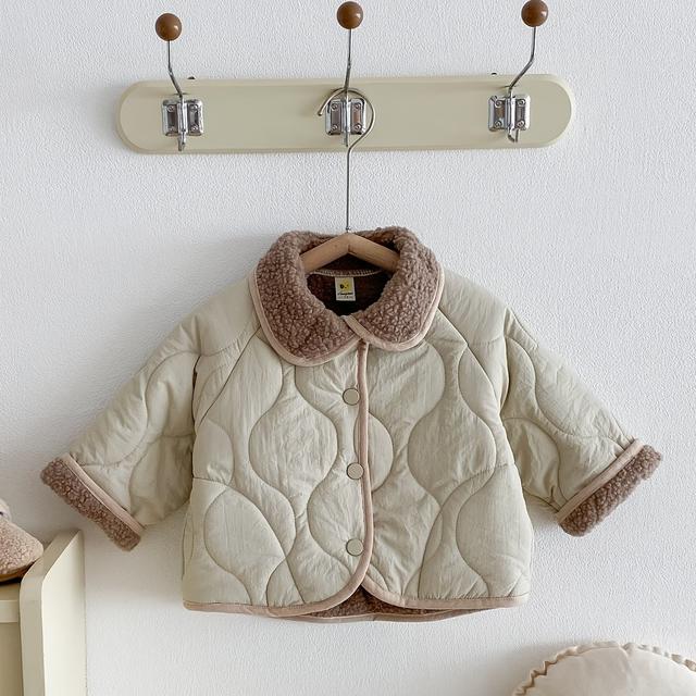 TEMU 1 قطعة معطف شتوي دافئ للبنات - بيج مع حواف وجيب صدر، قابل للغسيل بالماكينة - سترة مبطنة للبنات الصغيرات (عادي، حفلات) - خارجي غير مطاطي