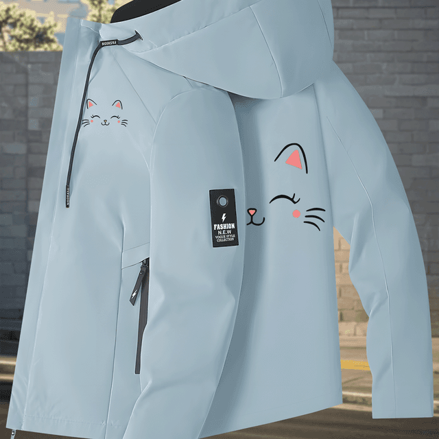 TEMU Chaqueta talla S para mujer con lindo estampado de cara de gato de dibujos animados, cortavientos ligero casual para mujer, adorable chaqueta con temática de gatos