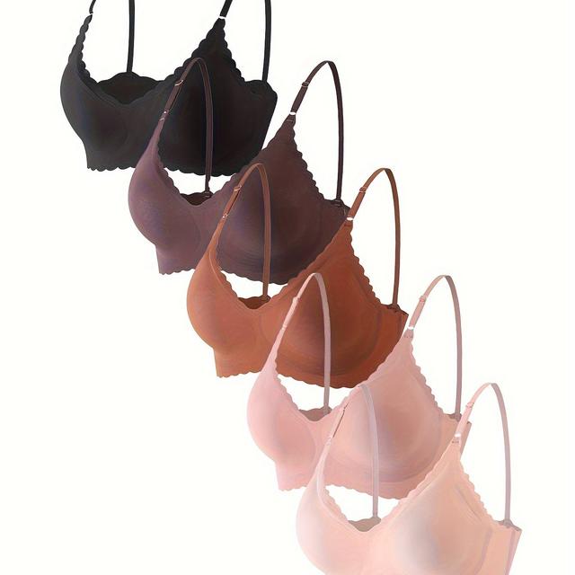 TEMU 5pcs Elegant Solid Bras, Scallop Trim Adjustable Strap Seamless Bra, Women's Lingerie