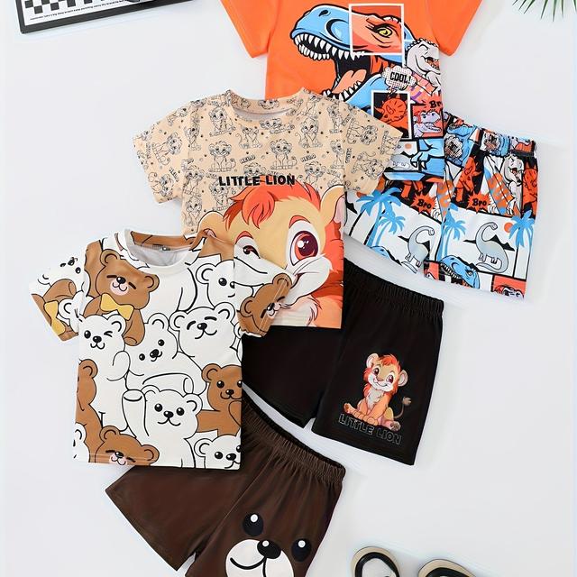 TEMU 6pcs Cute Animal Print Shorts And ' T-shirt Set - Made Of Lightweight, Essential For Summer With Bear, Lion & Cartoon Designs. Includes &, For Outdoor