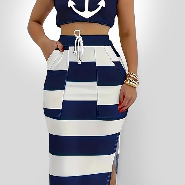 TEMU Ensemble 2 pièces pour femme, WH-S390480, haut court manches avec imprimé d', jupe midi rayée avec fente, polyester, col rond décontracté, tenue de mode printemps/été