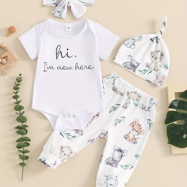 TEMU 0-6m Baby Boys Girls Summer Outfits Short Sleeve Animal Print Romper + Pants + Headband + Hat Set Infant Clothes, Outdoor
