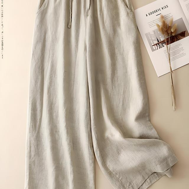 TEMU プラスサイズ ラインンウールレディースパンツ - ナインポイントワイドレッグデザイン、文学的レトロカジュイル。