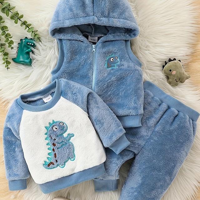 TEMU 3pcs Baby Boy Toddler Flannel Dinosaur Hooded Vest + Crew Neck Long Sleeve Sweatshirt + Long Pants, Autumn/winter Essential, Perfect For Outdoor