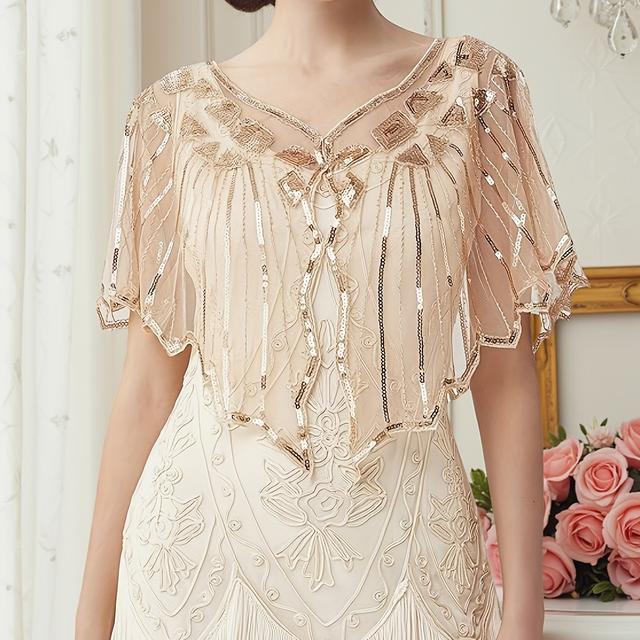 TEMU Talla Grande - Talla Grande - Chal de Lentejuelas Lujoso a para Disfraz Gatsby de Mujer de Talla Grande de los Años 1920, con Lentejuelas y Bordado