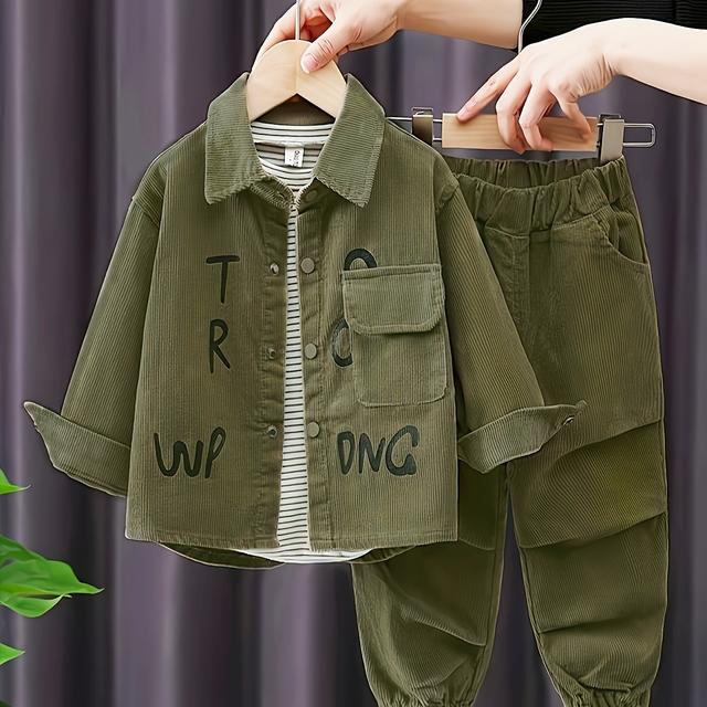 TEMU Measure The Length Of The Garment Before Measuring The Length Of The Garment. Spring/autumn Boys' Three-piece Set With Letter Print Corduroy Jacket And Overalls, Perfect For Outdoor