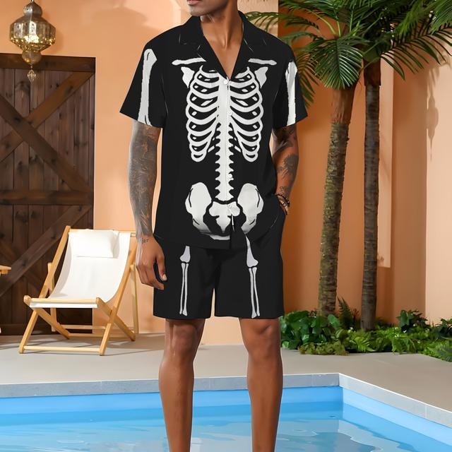 TEMU Men's Casual Fashion Shirt Set With Skeleton Print, Suitable For Outdoor Beach Sports, Short-sleeve Outfit.