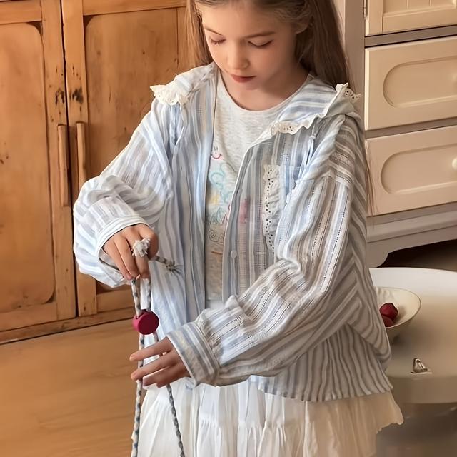 TEMU New 2025 Summer Striped Jacket For Girls, Featuring A Cute Blue Long-sleeve Hoodie, Perfect For Older Kids.