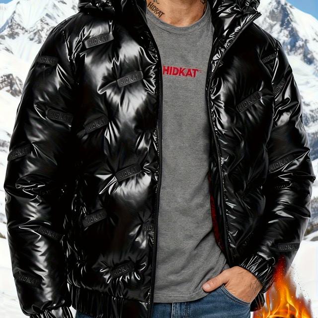 TEMU Men's Casual Solid Color Glossy Print Warm Hooded Jacket With Elastic Cuffs, Suitable For Outdoor, Sports, And Daily Wear